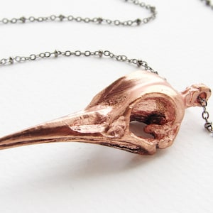 May include: A copper-colored bird skull pendant necklace. The skull is detailed with a textured surface and is suspended from a dark gray chain. The necklace is displayed on a white background, highlighting the pendant's unique design.