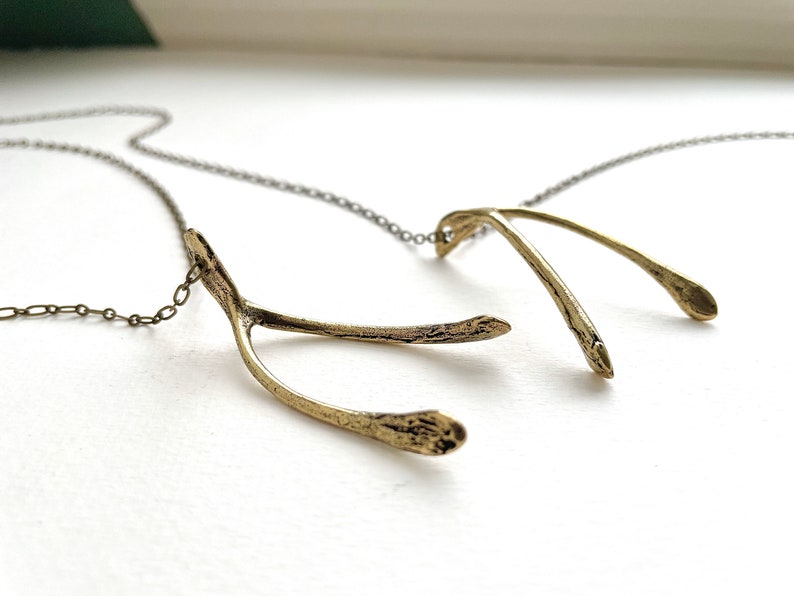 Large Wishbone necklace, life size Wishbone Pendant, actual wishbone necklace, rustic wishbone pendant, men jewelry, Brass Wishbone necklace image 1