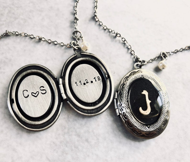 Initial locket necklace, anniversary date, Personalized jewelry, two initials, silver oval locket, personalized jewelry, personalized locket image 2