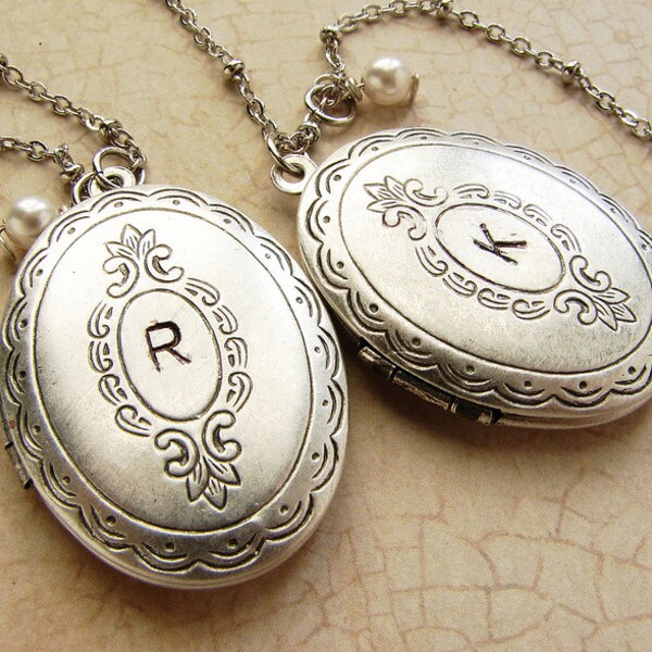 Initial locket necklace, Personalized monogram silver locket necklace personalized silver oval locket