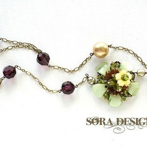 Flower Statement Necklace, purple grape ochre flower crystals pearls Flapper style long necklace image 4