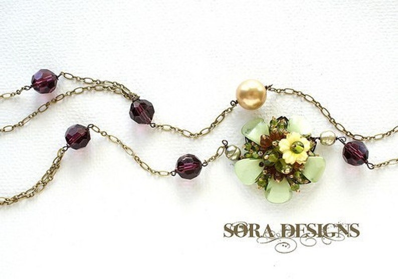 Flower Statement Necklace, purple grape ochre flower crystals pearls Flapper style long necklace image 4