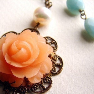 Peach Rose Aqua Mint necklace, Bridesmaid Jewelry, Wedding Necklace, Bridal Necklace, wedding party jewelry image 1