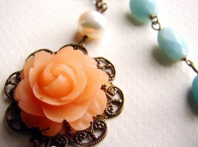 Peach Rose Aqua Mint necklace, Bridesmaid Jewelry, Wedding Necklace, Bridal Necklace, wedding party jewelry image 1