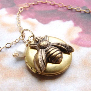 Bee locket necklace, Bridesmaid jewelry, bee charm locket, honey bee, Be Mine LOVE bug tiny gold bee locket necklace image 2