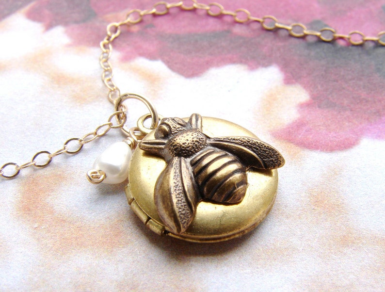 Bee locket necklace, Bridesmaid jewelry, bee charm locket, honey bee, Be Mine LOVE bug tiny gold bee locket necklace image 2