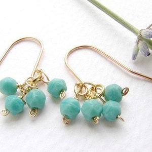 Teal clustered earrings, Vintage seafoam mint drop earrings, 14kt gold filled simple everyday drop earrings image 1