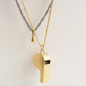 gold whistle pendant layer necklace, pendant police whistle mixed metal, double chain layering necklace