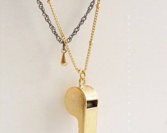 gold whistle pendant layer necklace, pendant police whistle mixed metal, double chain layering necklace