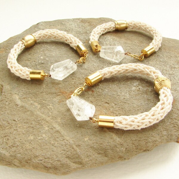 Bracelet wrap nautique, bracelet de l'amitié, manchette cordon, bracelet wrap en pierre de quartz transparent, bracelet empilable en coton blanc écru naturel