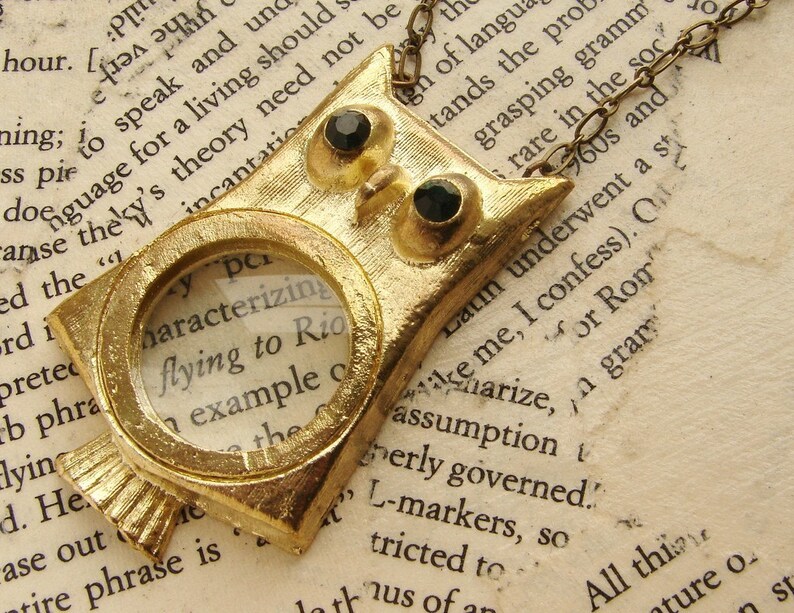 Owl Statement necklace, magnifying glass necklace, Mothers day gift, gold magnifying glass long necklace, owl jewelry necklace image 3
