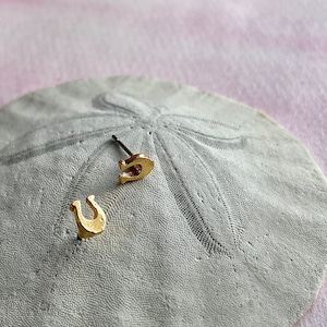 May include: A pair of gold horseshoe stud earrings. The earrings are small and delicate, and they are perfect for everyday wear.
