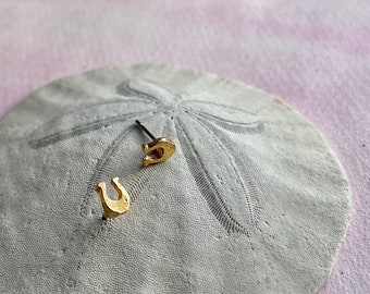 Vintage horseshoe studs, tiny horseshoe post earrings, lucky horseshoe studs, golden horseshoe post earrings, stocking stuffer