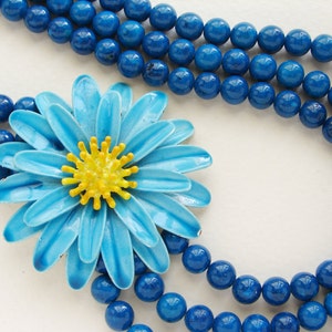 Blue Statement necklace, Beadwork, Vintage blue yellow daisy floral brooch, enamel flower statement beaded necklace image 3