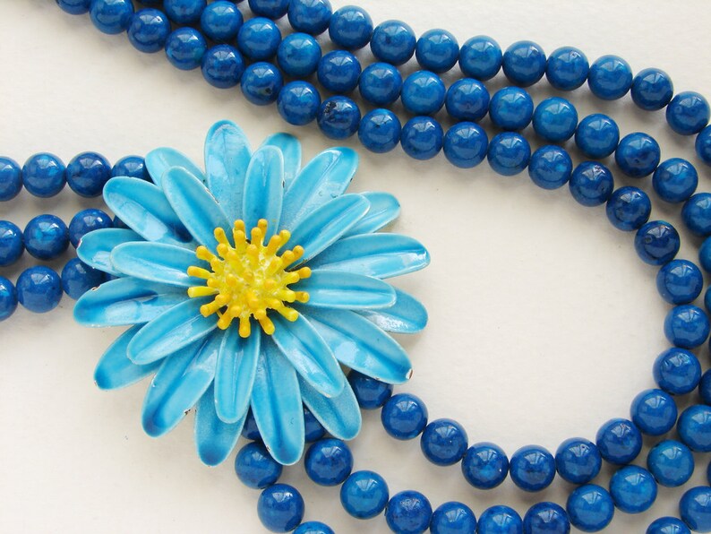 Blue Statement necklace, Beadwork, Vintage blue yellow daisy floral brooch, enamel flower statement beaded necklace image 3