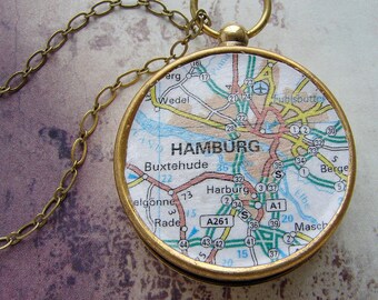 Compass Map Necklace - Hamburg Germany custom map choose your city map - personalized graduation gifts anniversary for him her