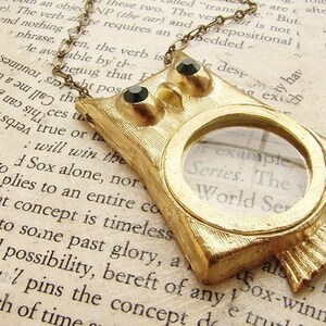 Owl Statement necklace, magnifying glass necklace, Mothers day gift, gold magnifying glass long necklace, owl jewelry necklace image 2