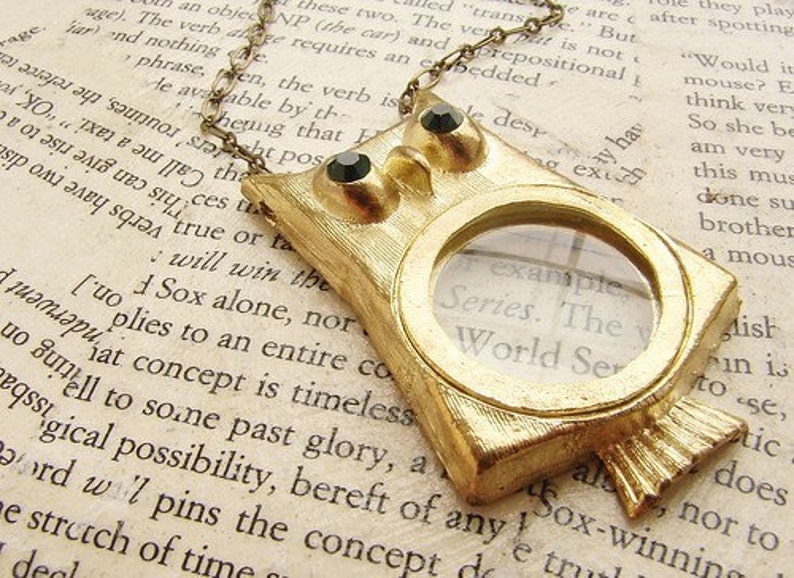 Owl Statement necklace, magnifying glass necklace, Mothers day gift, gold magnifying glass long necklace, owl jewelry necklace image 2