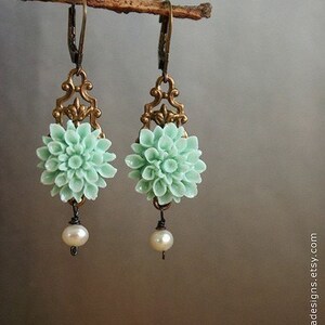 Mint Flower drop earrings, bridesmaid jewelry, drop earrings, wedding earrings, aqua seafoam dahlia flower pearls bronze filigree earrings image 1
