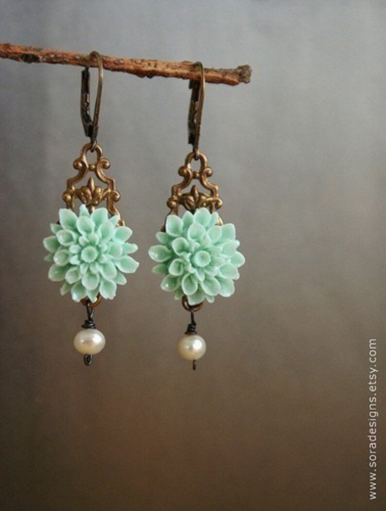 Mint Flower drop earrings, bridesmaid jewelry, drop earrings, wedding earrings, aqua seafoam dahlia flower pearls bronze filigree earrings image 1