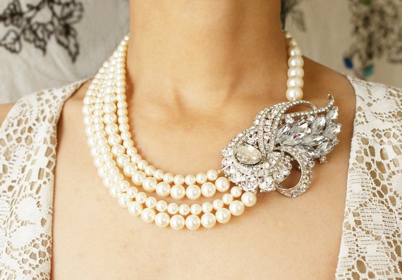 Fashion Pearls and Rhinestones Gold Statement Necklace