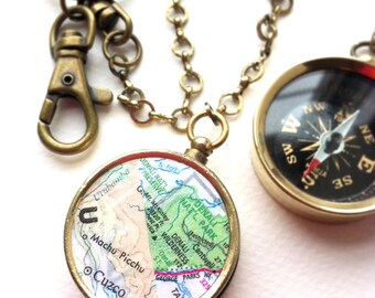 Personalized Keychain map compass, personalized double maps keychain long distance couples, personalized farewell gift