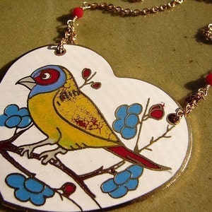 Statement necklace, Heart necklace, Vintage Enamel Song Bird Necklace, bird statement necklace, Red Heart jewelry image 5