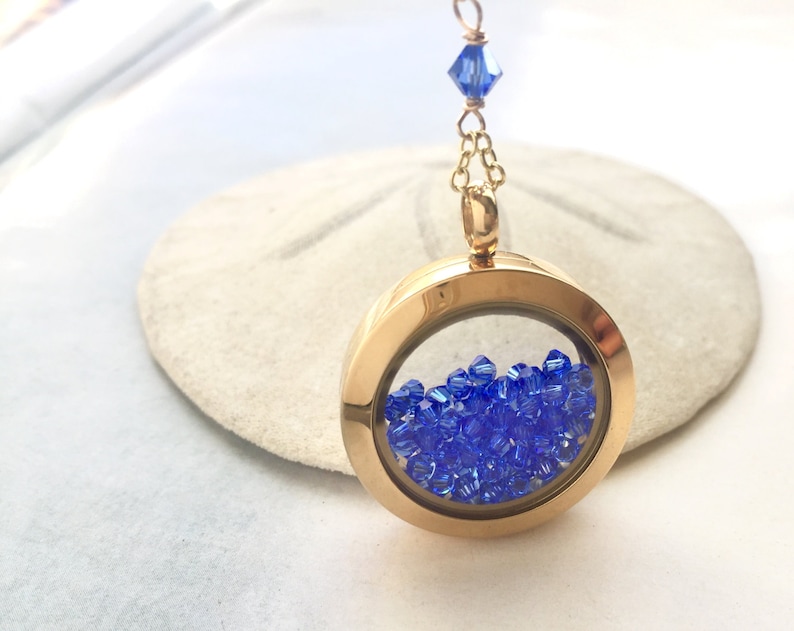Y necklace, glass locket shaker necklace, floating glass locket, Cameron Diaz The Holiday necklace, Sapphire blue crystal shaker necklace image 3