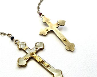 Collana con croce vintage in cristallo, ciondolo a croce in argento con