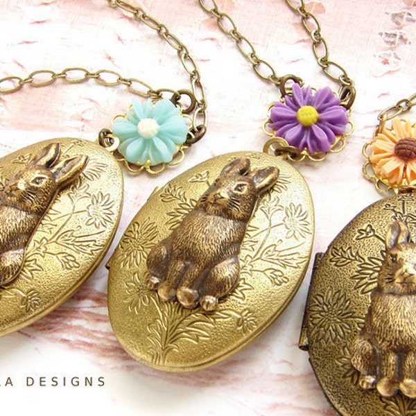Bunny Locket Necklace, Easter sunday, animal jewelry woodland daisy rabbit locket necklace, bunny hare locket long necklace