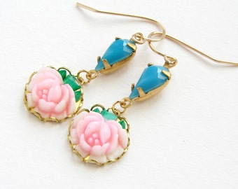 Rose drop earrings, bridesmaid jewelry vintage blush pink rose teal blue turquoise glass tear drop earrings