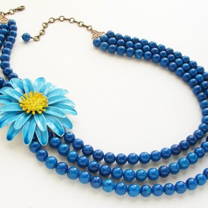 Blue Statement necklace, Beadwork, Vintage blue yellow daisy floral brooch, enamel flower statement beaded necklace image 1