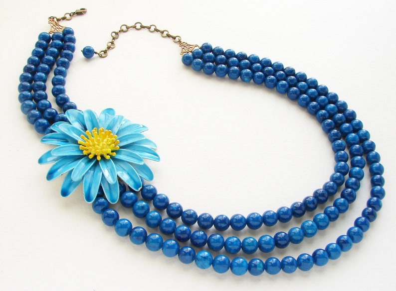 Blue Statement necklace, Beadwork, Vintage blue yellow daisy floral brooch, enamel flower statement beaded necklace image 1