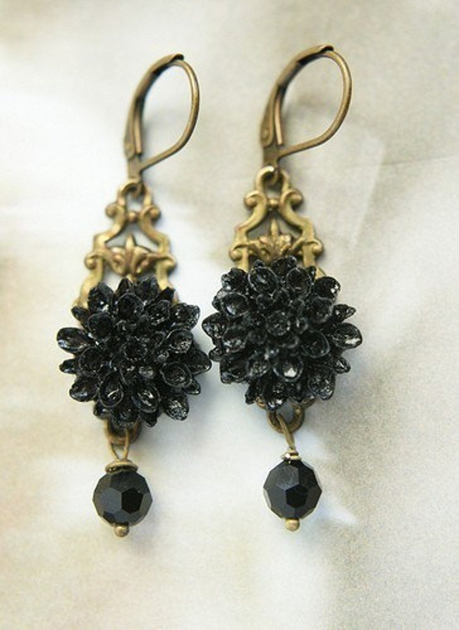 Black Flower Drop Earrings Jet Crystal Earrings Black Etsy