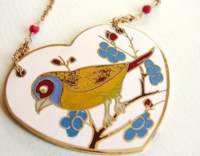 Statement necklace, Heart necklace, Vintage Enamel Song Bird Necklace, bird statement necklace, Red Heart jewelry image 2