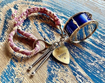 Realistic Drum with drumsticks keychain backpack accessories Personalized music instrument with braided colorful sari Gift for Musician