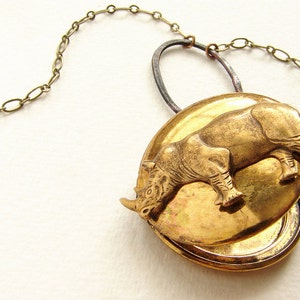 Rhinoceros Locket Necklace - vintage locket necklace, brass jewelry, rhino locket, animal jewelry