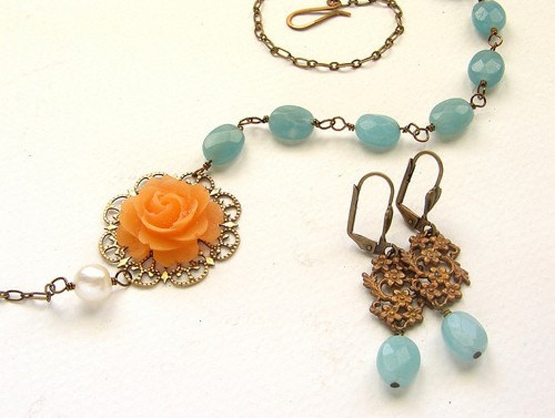 Peach Rose Aqua Mint necklace, Bridesmaid Jewelry, Wedding Necklace, Bridal Necklace, wedding party jewelry image 5