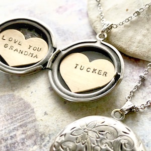 Personalized Mothers Day gift, name necklace, Love you Grandma, Heart locket, new baby gift, Personalized name necklace