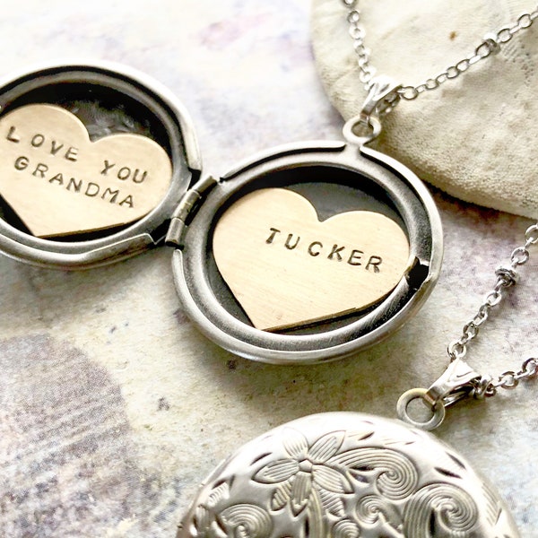Personalized Mothers Day gift, name necklace, Love you Grandma, Heart locket, new baby gift, Personalized name necklace