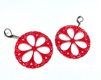 Glasshouse Earrings- vintage German pinwheel Lucite earrings, rustic red statement earrings