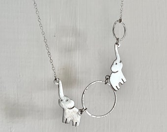 Lucky Loving Elephants necklace, sterling silver elephant couple circle necklace