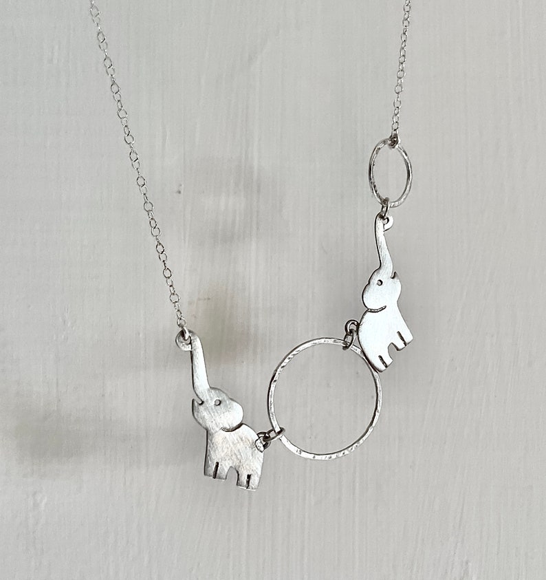 Lucky Loving Elephants necklace, sterling silver elephant couple circle necklace image 1