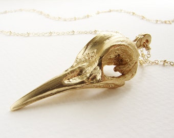 Gold bird skull pendant necklace, statement necklace, Bellatrix Lestrange long necklace, gilded skull pendant
