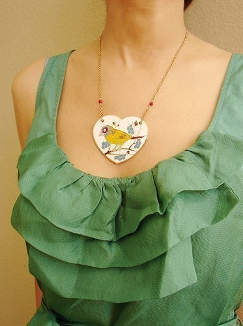 Statement necklace, Heart necklace, Vintage Enamel Song Bird Necklace, bird statement necklace, Red Heart jewelry image 1
