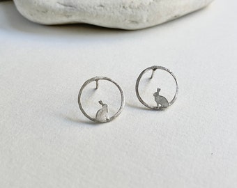 Tiny rabbit stud earrings, Easter bunny post earrings, Sterling silver rabbit in a hoop earrings