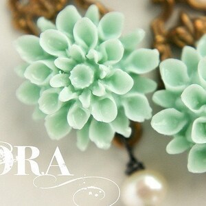 Mint Flower drop earrings, bridesmaid jewelry, drop earrings, wedding earrings, aqua seafoam dahlia flower pearls bronze filigree earrings image 4