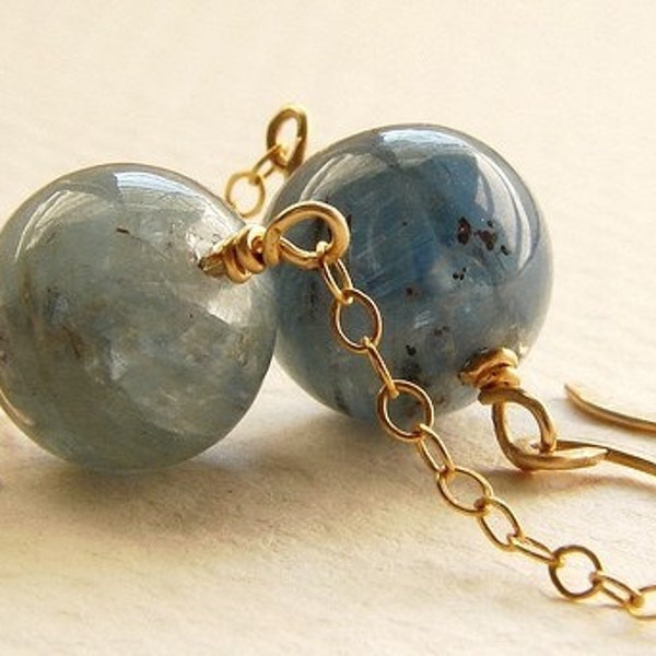 Blue Moon drop earrings, drop earrings grayish blue kyanite 14kt gold chain tassel dangle drop earrings