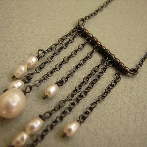 Trickling Pearls Necklace, Pearl chain tassel necklace, oxidized sterling silver chain link necklace