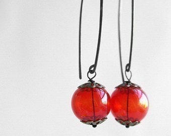 Red sphere glass dangle earrings, red lantern dangle oxidized sterling silver earrings, red glass bubble hand hammered wire